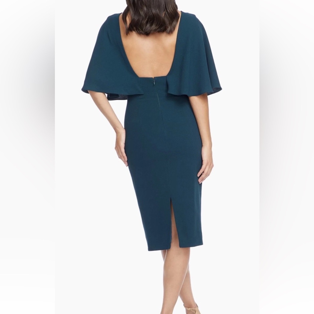 DRESS THE POPULATION Louisa Flutter-Sleeve Midi Dress Womens (Small) Pine Green
